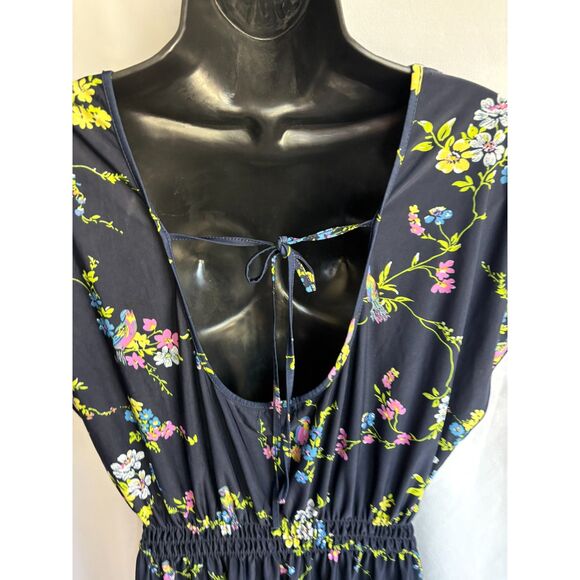 Young USA Navy Blue Floral Midi Open Back Dress Size M Shift Feminine Church - Picture 5 of 10